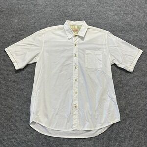 Santiki Mens Button Shirt Size L White Cotton Green Striped Lined Short Sleeve